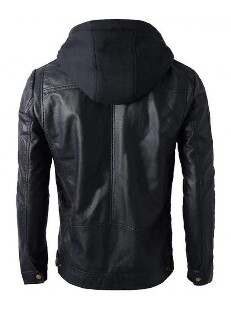 Men's Brando Double Zip Slim Fit Genuine Leather Jacket with Detachable Hood