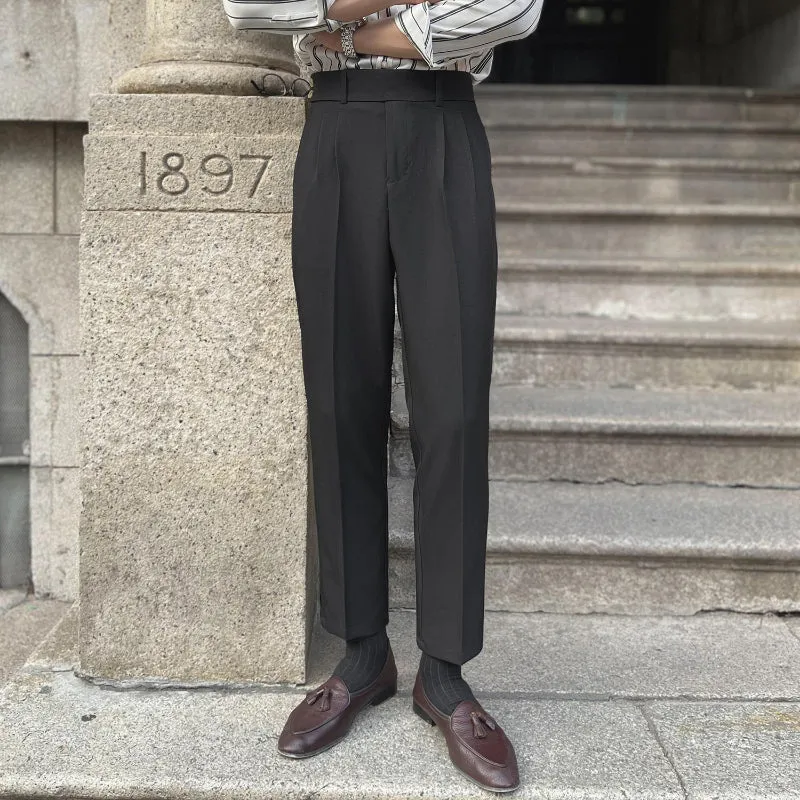 Men's British Business Dress Pants Casual Straight Leg High Waisted Trousers