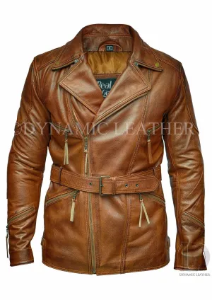 Mens Brown 3/4 Motorcycle Biker Long Cow Hide Leather Jacket