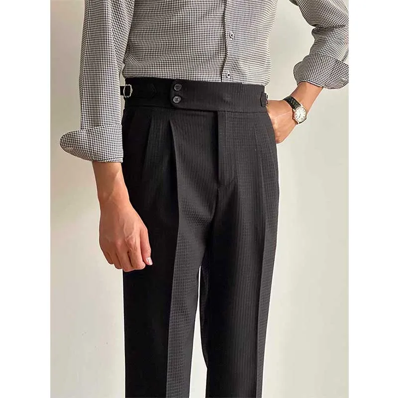 Men's Business Casual Waffle Plaid Straight High Waist Trousers