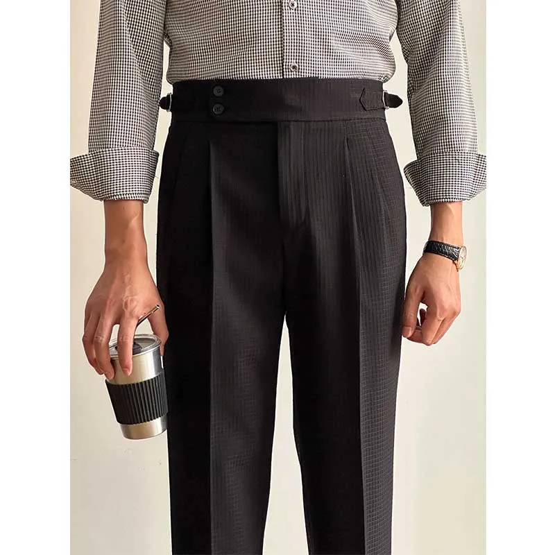 Men's Business Casual Waffle Plaid Straight High Waist Trousers