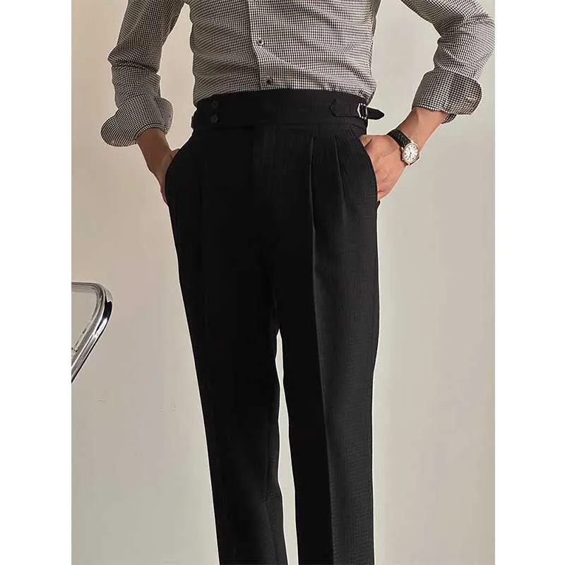 Men's Business Casual Waffle Plaid Straight High Waist Trousers