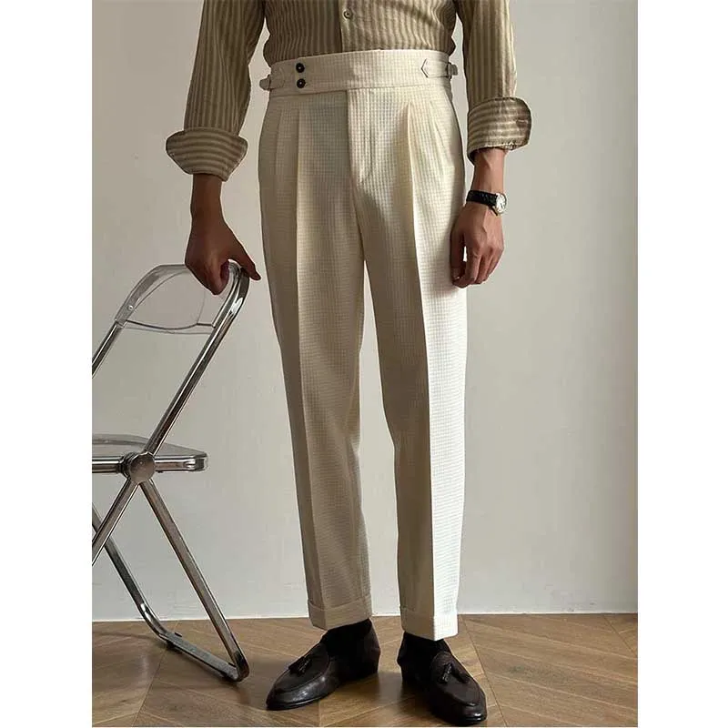 Men's Business Casual Waffle Plaid Straight High Waist Trousers