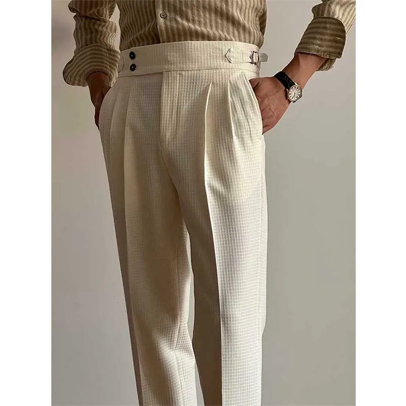 Men's Business Casual Waffle Plaid Straight High Waist Trousers