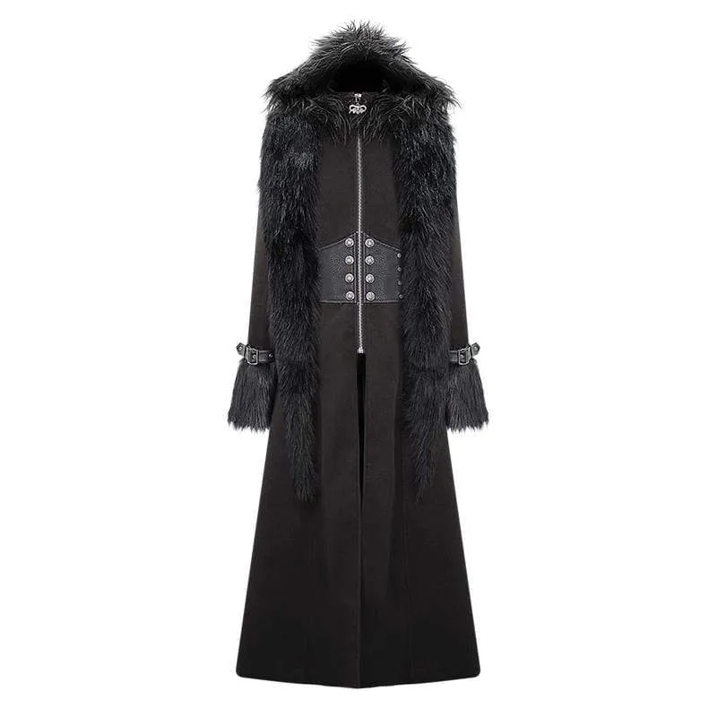 Men's Goth Fur Collar Hooded Woolen Overcoat