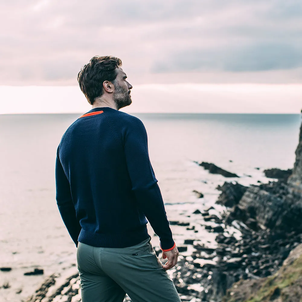 Mens Merino Crew Sweater (Navy/Orange)