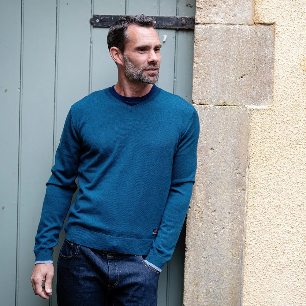 Mens Merino V Neck Sweater (Petrol/Sky)