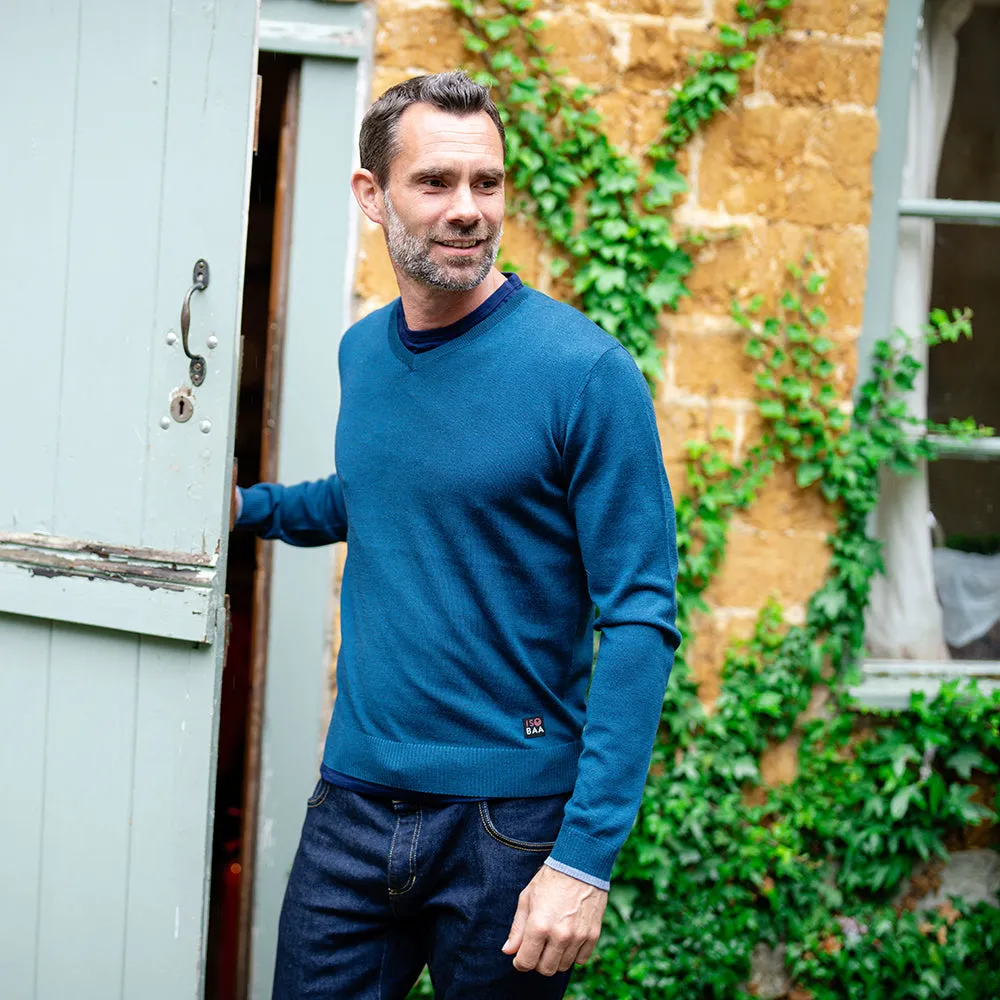 Mens Merino V Neck Sweater (Petrol/Sky)