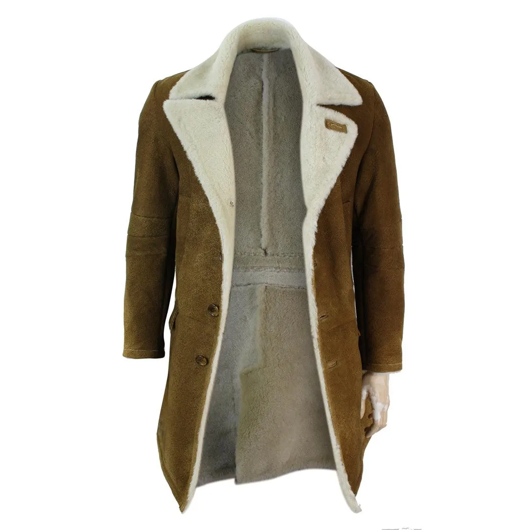 Mens Sherling Sheepskin Tan Brown Crombi 3/4 Overcoat Vintage Retro Winter Warm