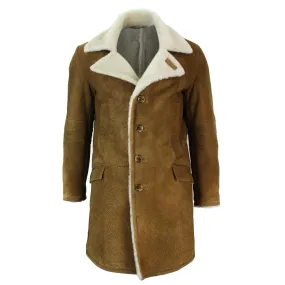 Mens Sherling Sheepskin Tan Brown Crombi 3/4 Overcoat Vintage Retro Winter Warm