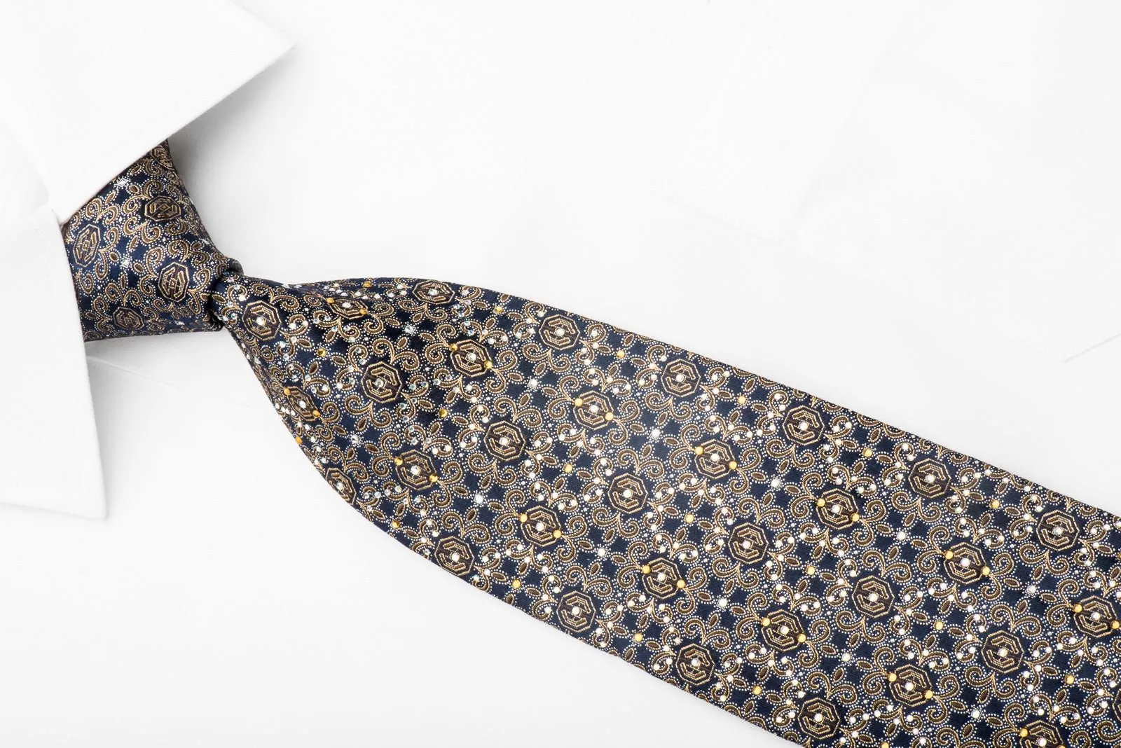 Men's Silk Rhinestone Necktie Golden Cartouche On Navy With Silver Sparkles