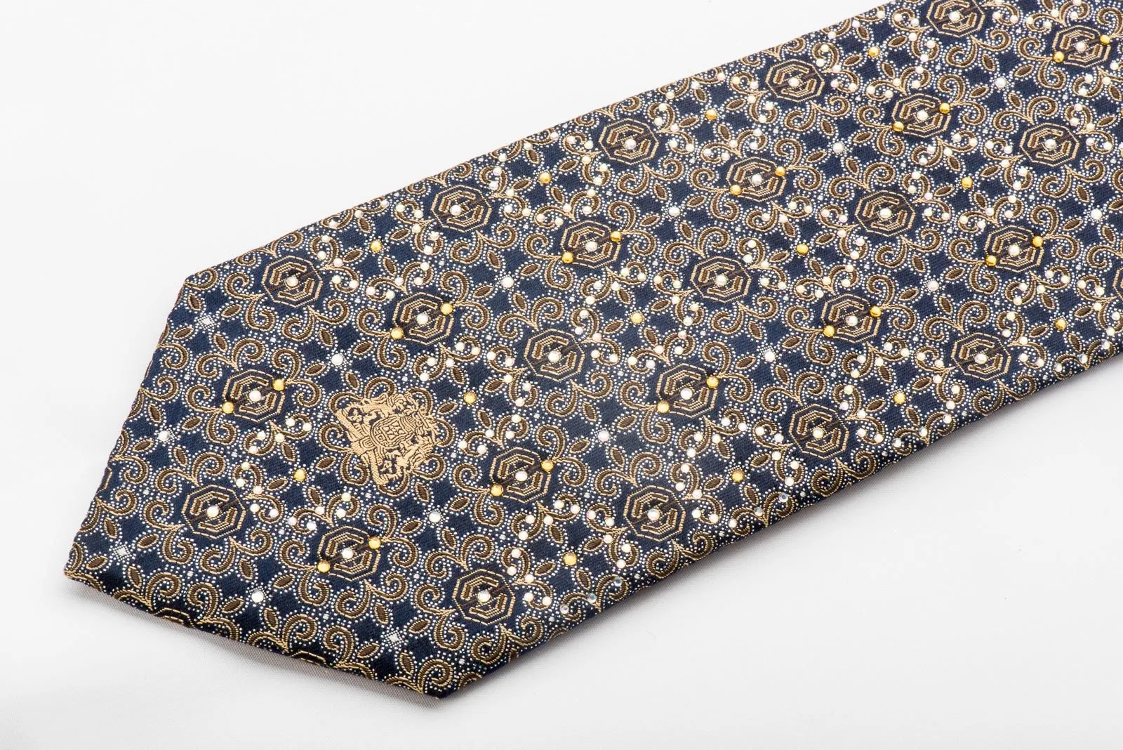 Men's Silk Rhinestone Necktie Golden Cartouche On Navy With Silver Sparkles