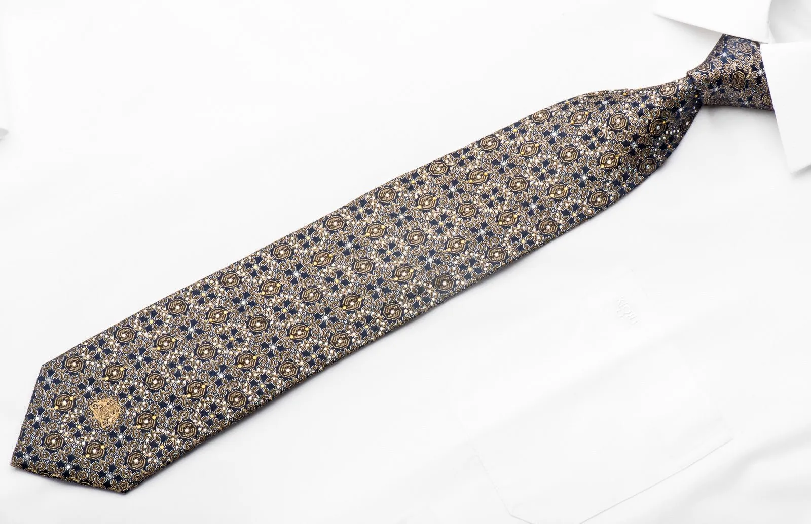 Men's Silk Rhinestone Necktie Golden Cartouche On Navy With Silver Sparkles