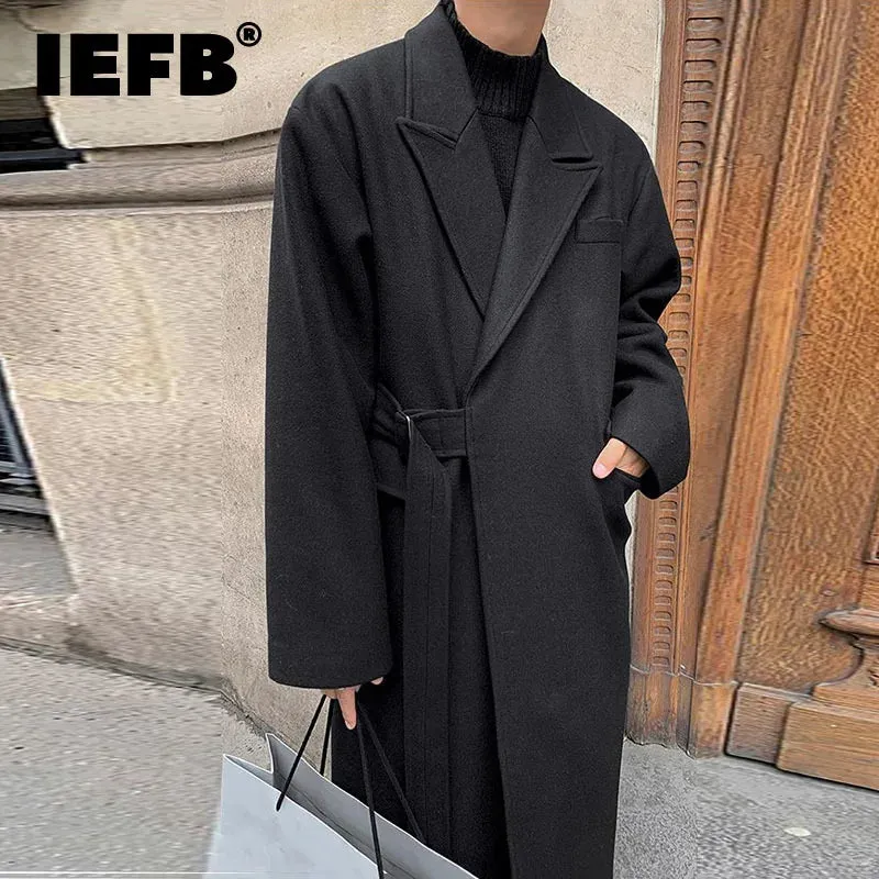 Men's Woolen And Mixtures Coat Autumn Winter Mid Long Thickened Korean Trend Loose Overcoat Male Bandage Waist