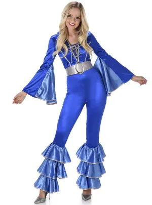 Metallic Blue 70s ABBA Style Womens Costume Jumpsuit