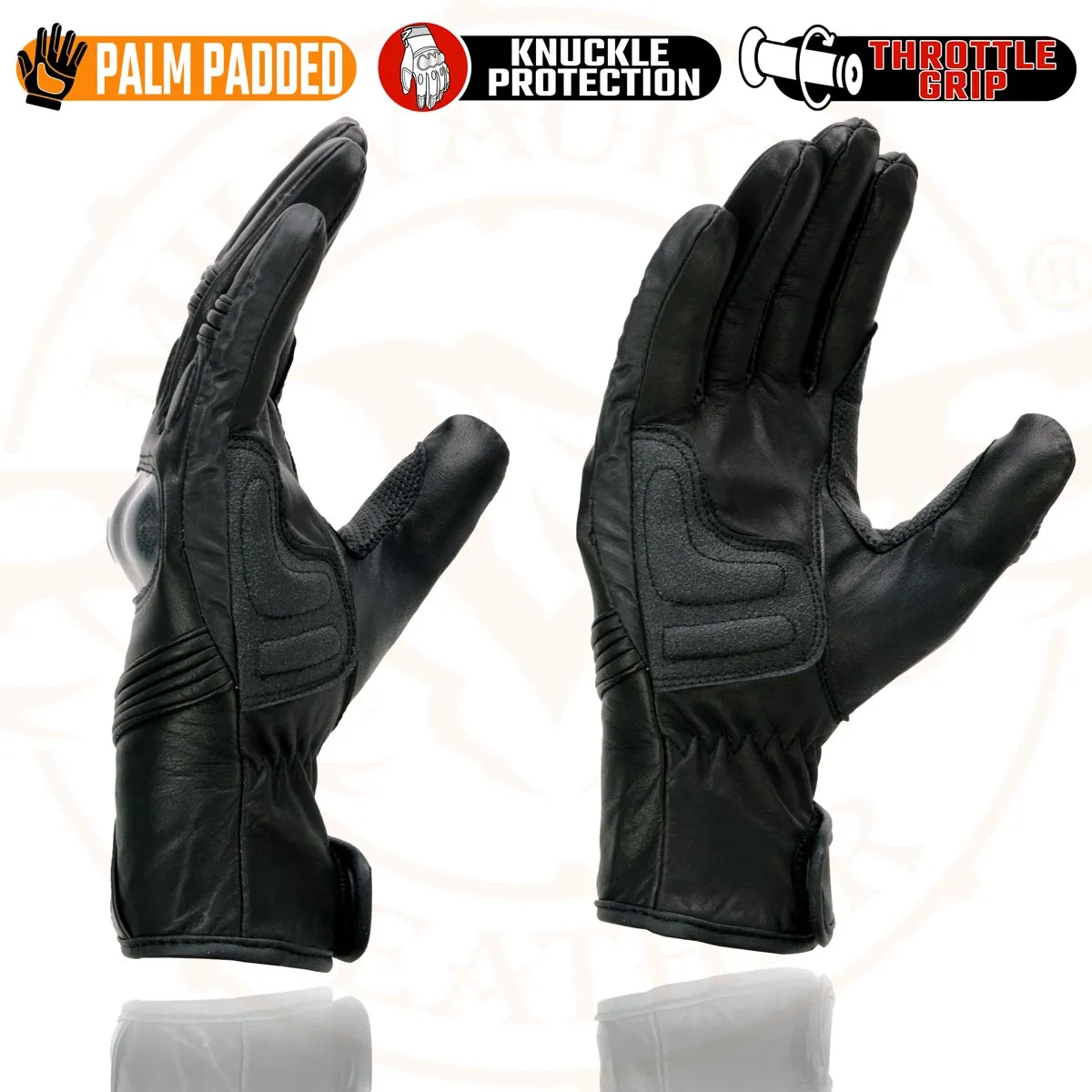 Milwaukee Leather MG7540 Men's Black Leather Protective Knuckle Racer Motorcycle Gloves W/ Elasticized Reflective Fingers