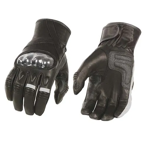 Milwaukee Leather MG7540 Men's Black Leather Protective Knuckle Racer Motorcycle Gloves W/ Elasticized Reflective Fingers