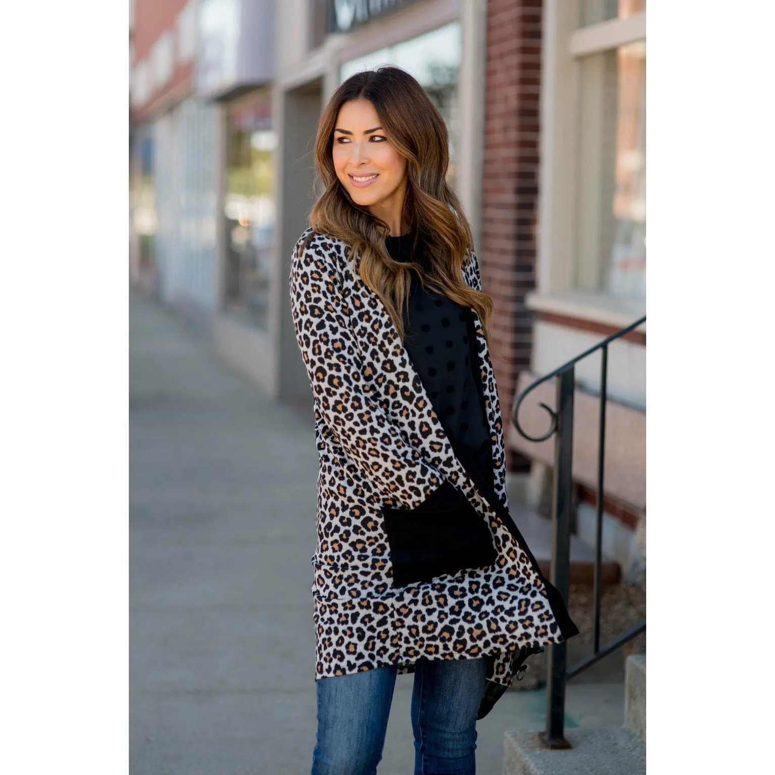 Mini Leopard Solid Trim Tunic Cardigan