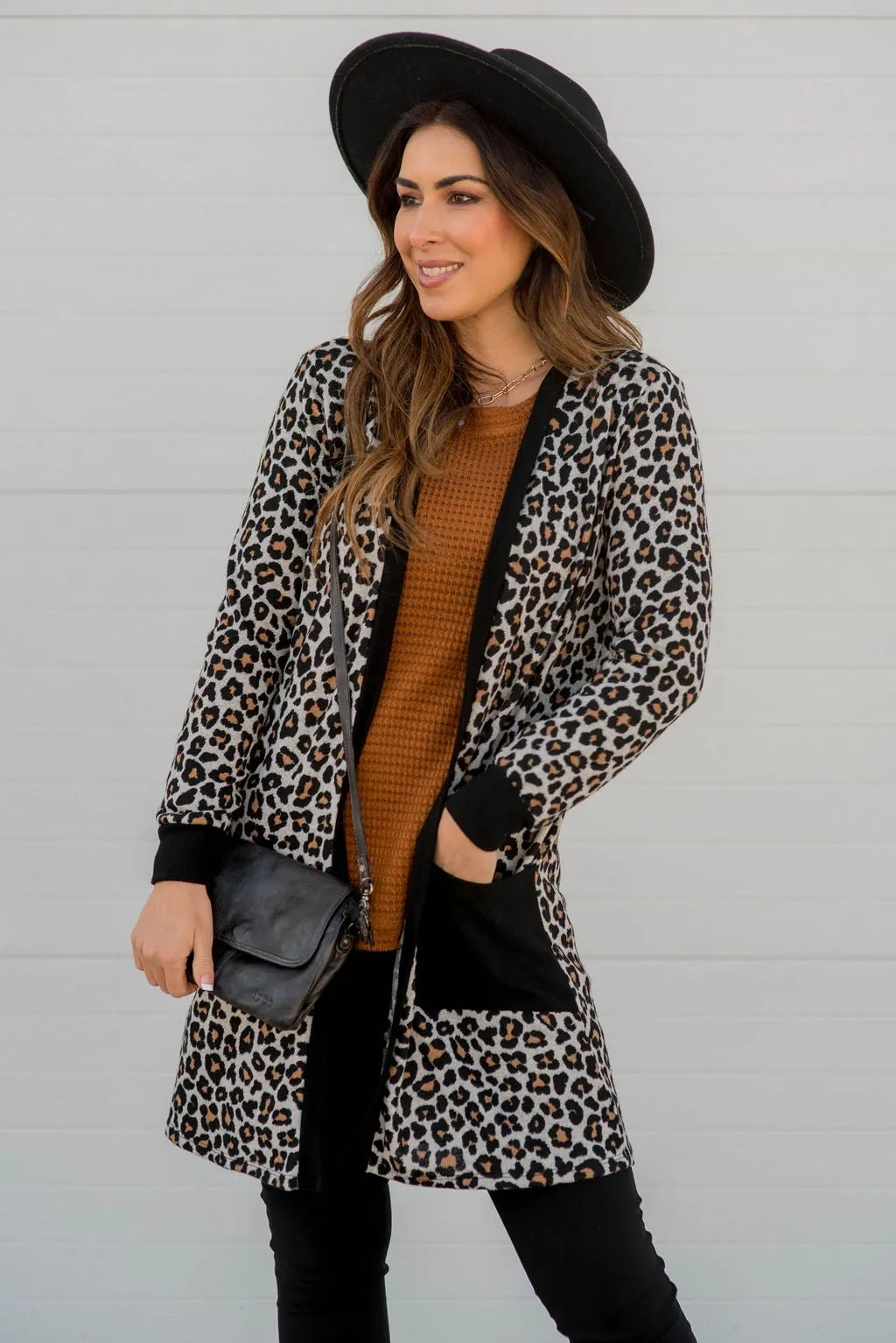 Mini Leopard Solid Trim Tunic Cardigan