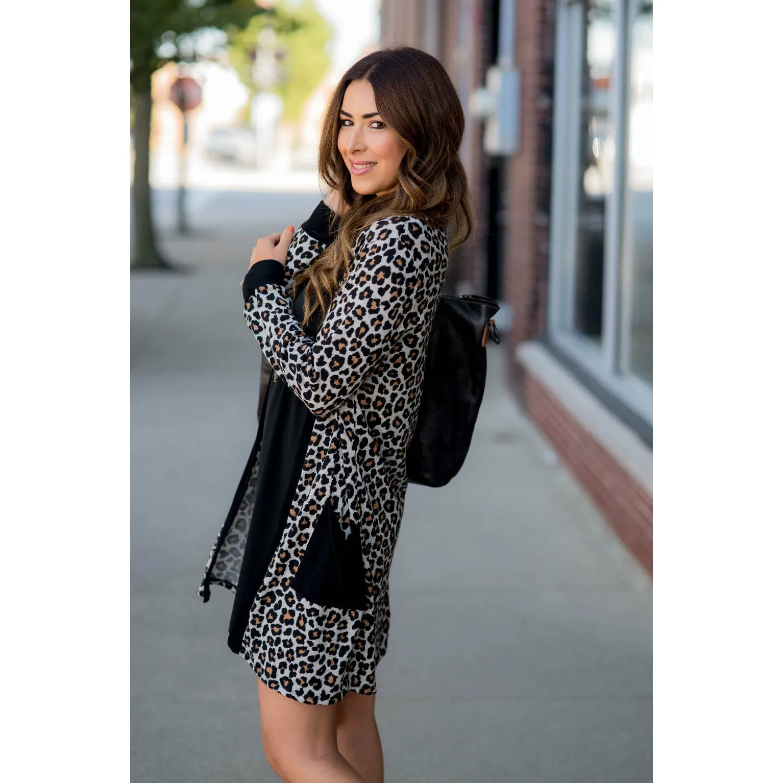 Mini Leopard Solid Trim Tunic Cardigan