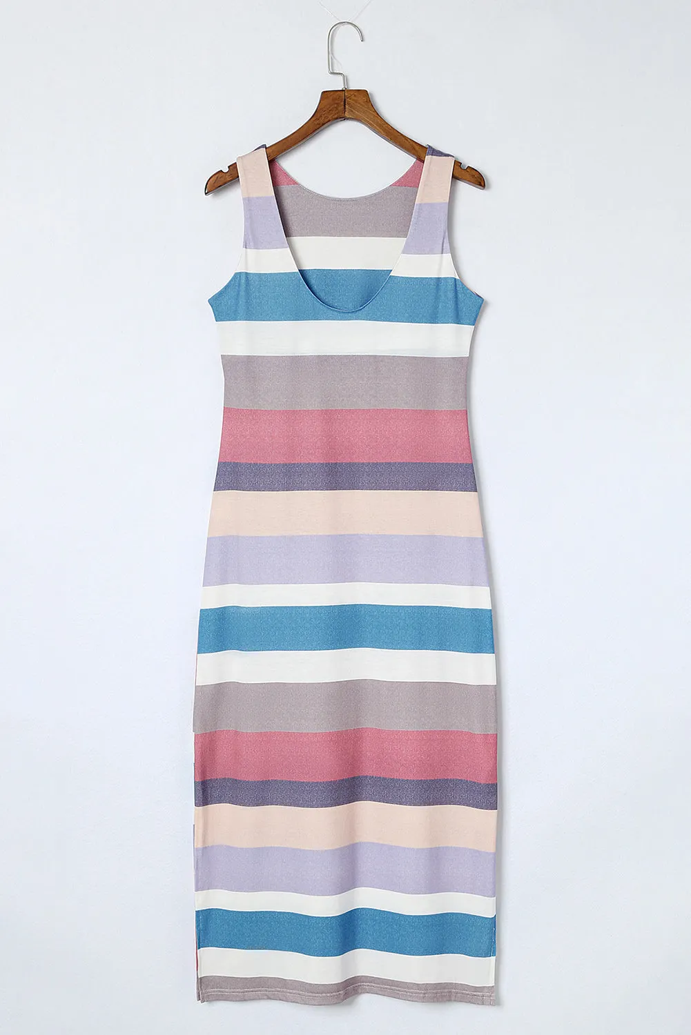 Multicolor Stripe Print Slit Tank Maxi Dress