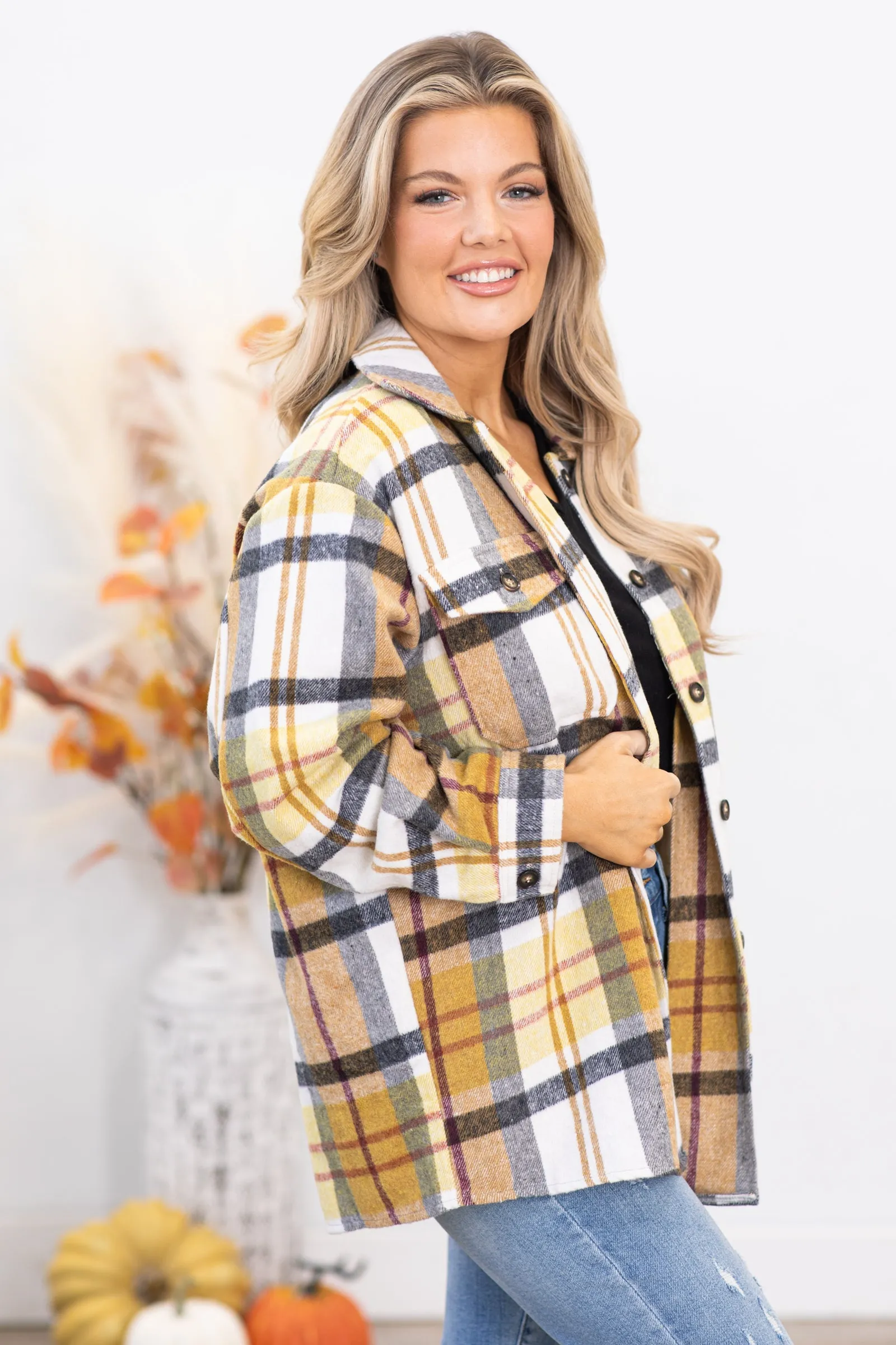 Mustard and Grey Plaid Drop Shoulder Shacket