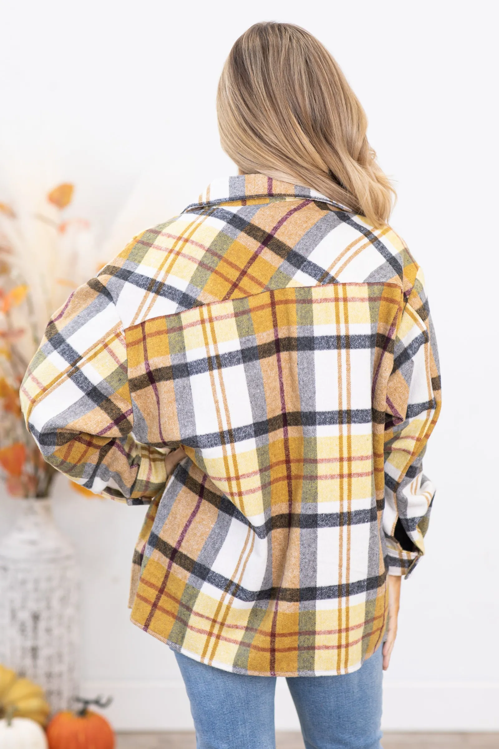 Mustard and Grey Plaid Drop Shoulder Shacket