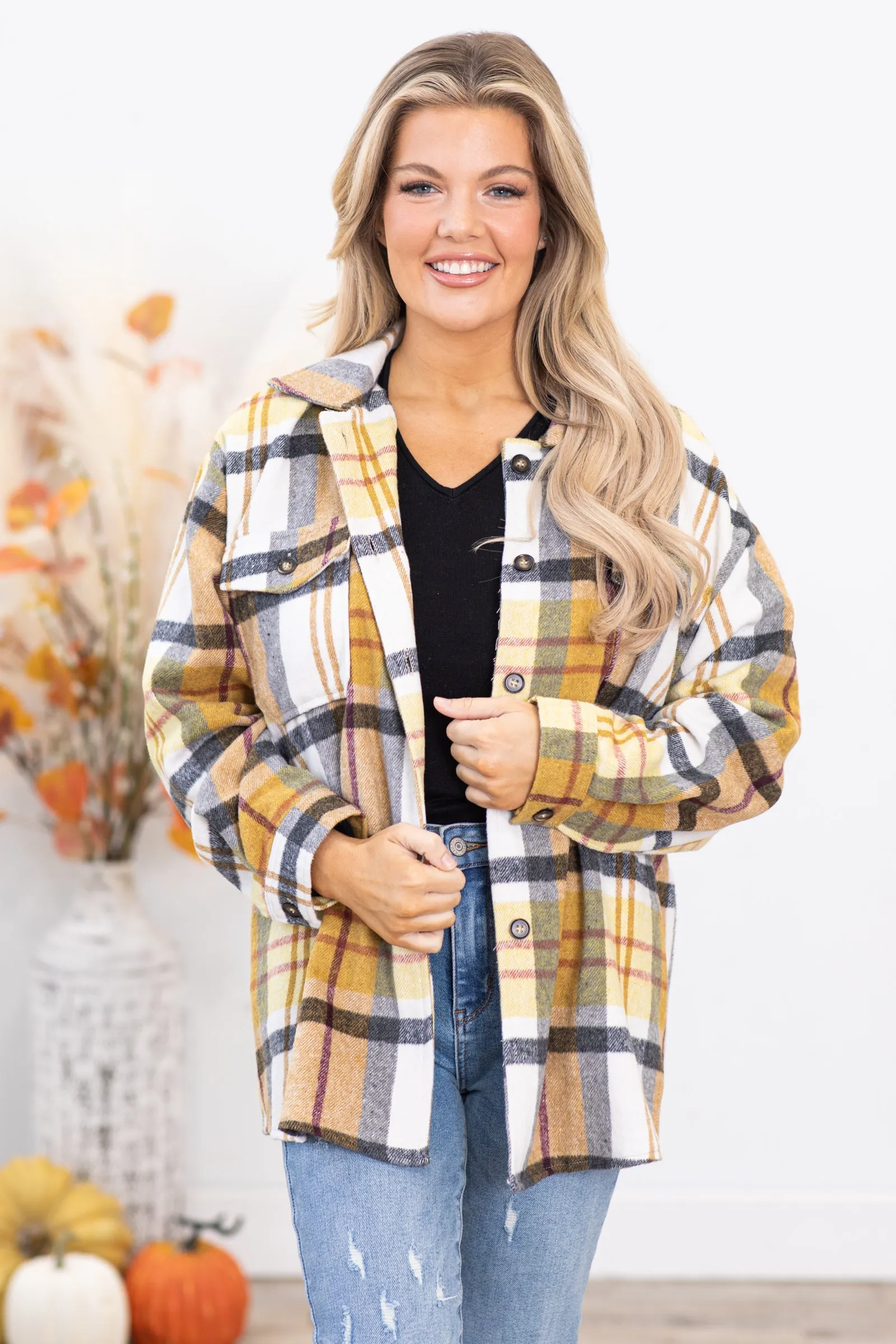 Mustard and Grey Plaid Drop Shoulder Shacket