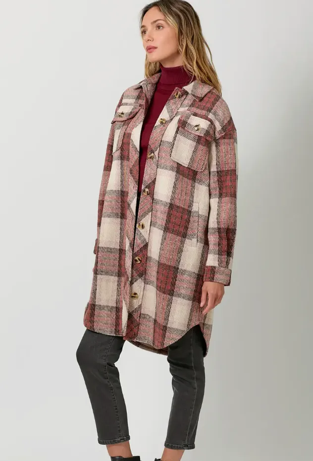 Myst Plaid Long Shacket-Red