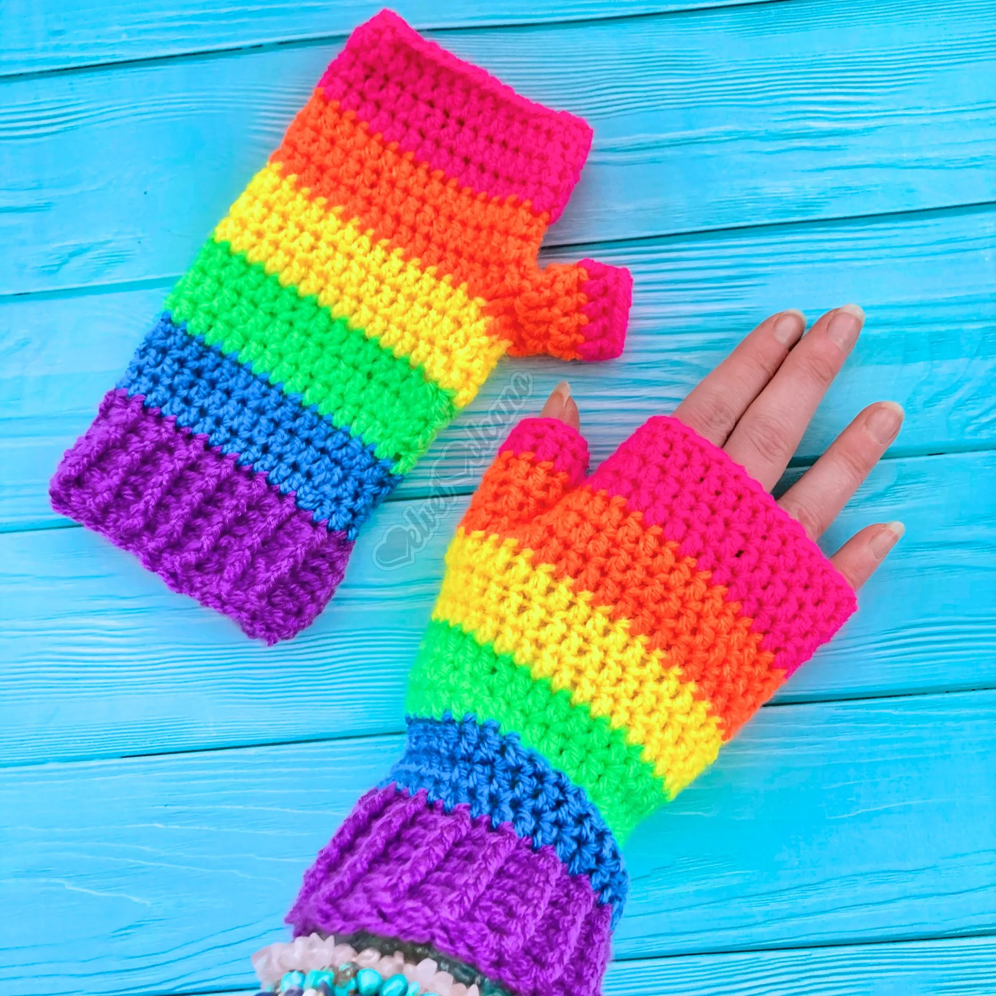 Neon Rainbow Striped Fingerless Gloves