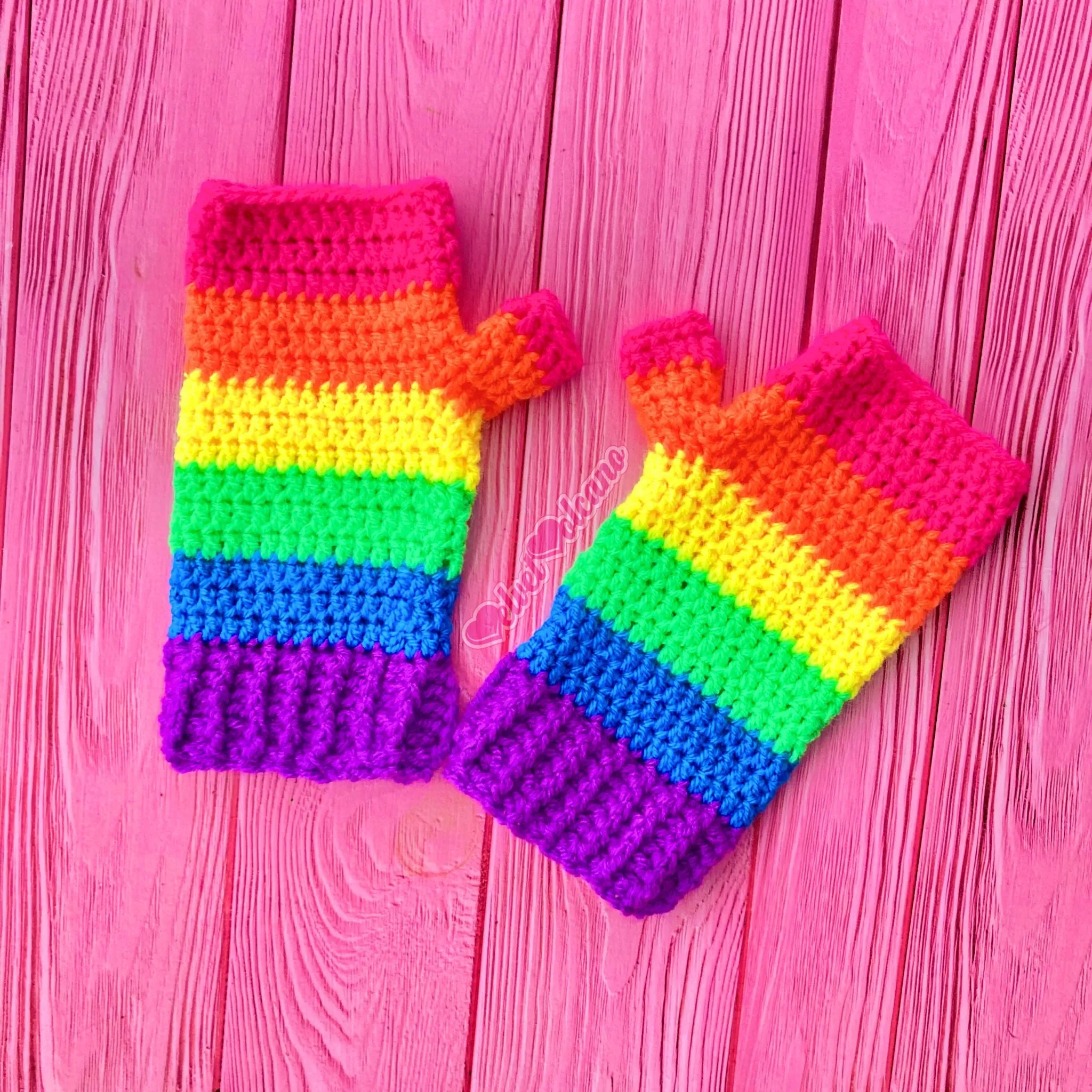 Neon Rainbow Striped Fingerless Gloves