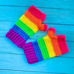 Neon Rainbow Striped Fingerless Gloves