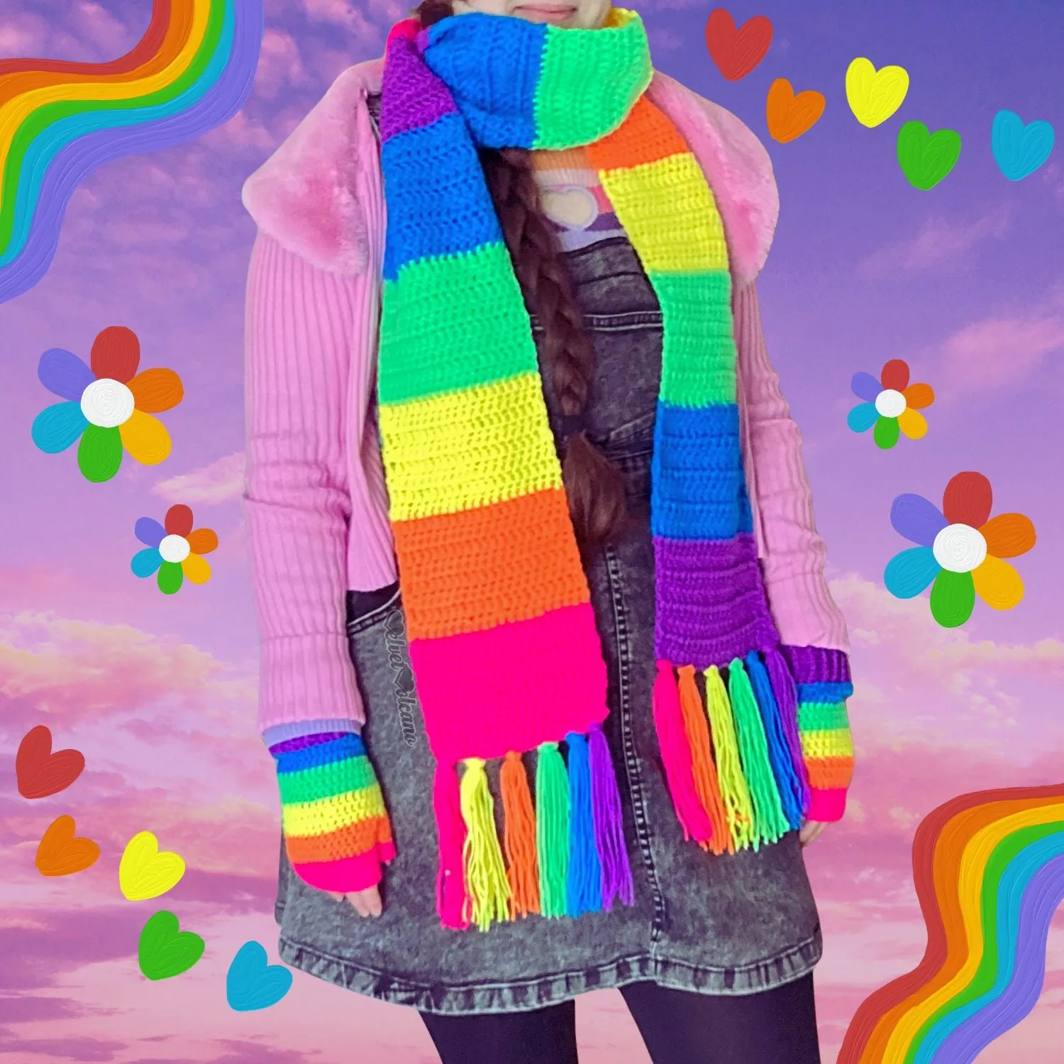 Neon Rainbow Striped Fingerless Gloves