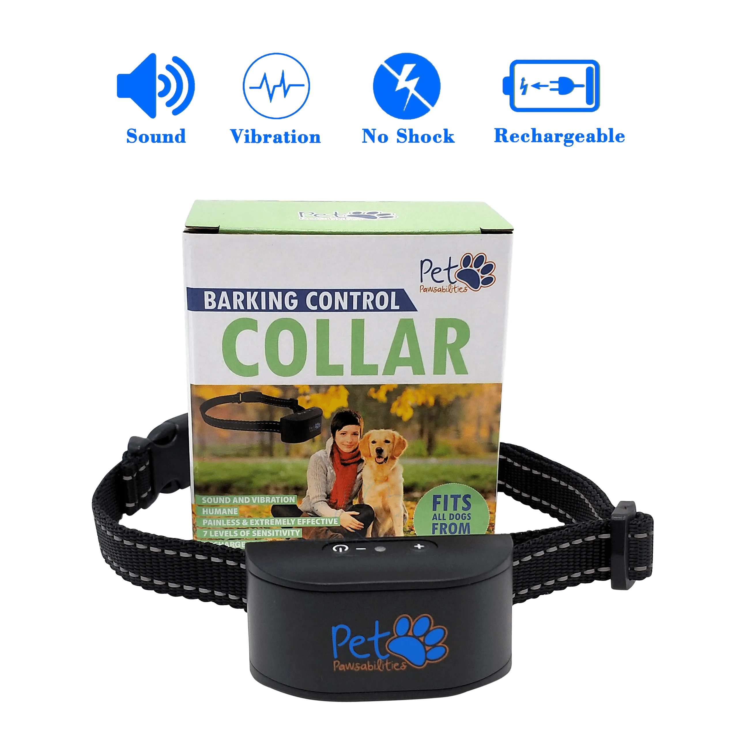 No Shock Humane Rechargeable Water Resistant  Bark Control Collar, Sound & Vibration Only, For 6-120lb dogs, Neck size 6in to 27in