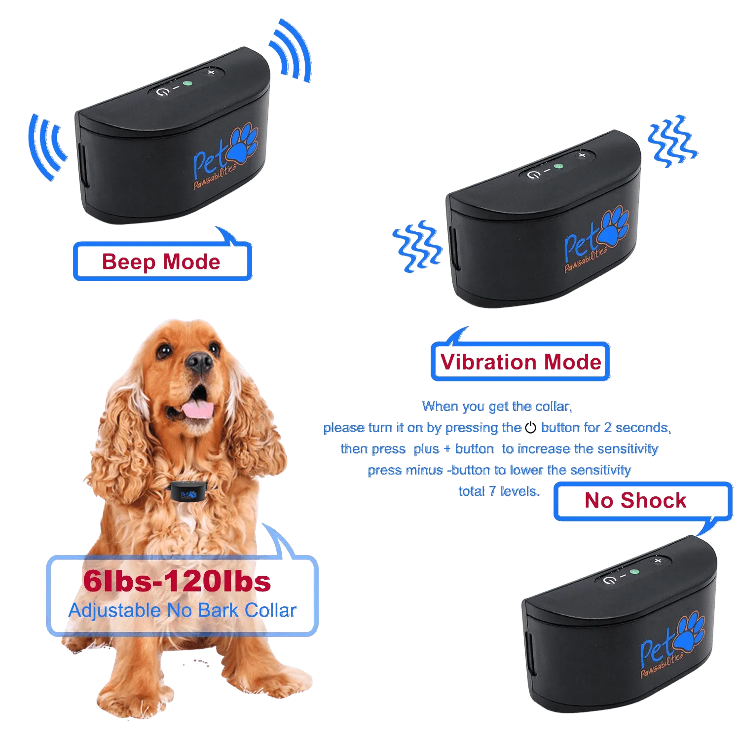 No Shock Humane Rechargeable Water Resistant  Bark Control Collar, Sound & Vibration Only, For 6-120lb dogs, Neck size 6in to 27in