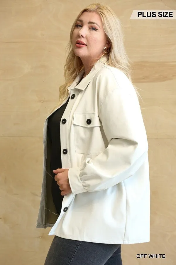 Oh So Stylish Faux Leather Button Down Shacket With Side Pockets Voluptuous ( ) Plus Size - 3 colors - Ships from The US