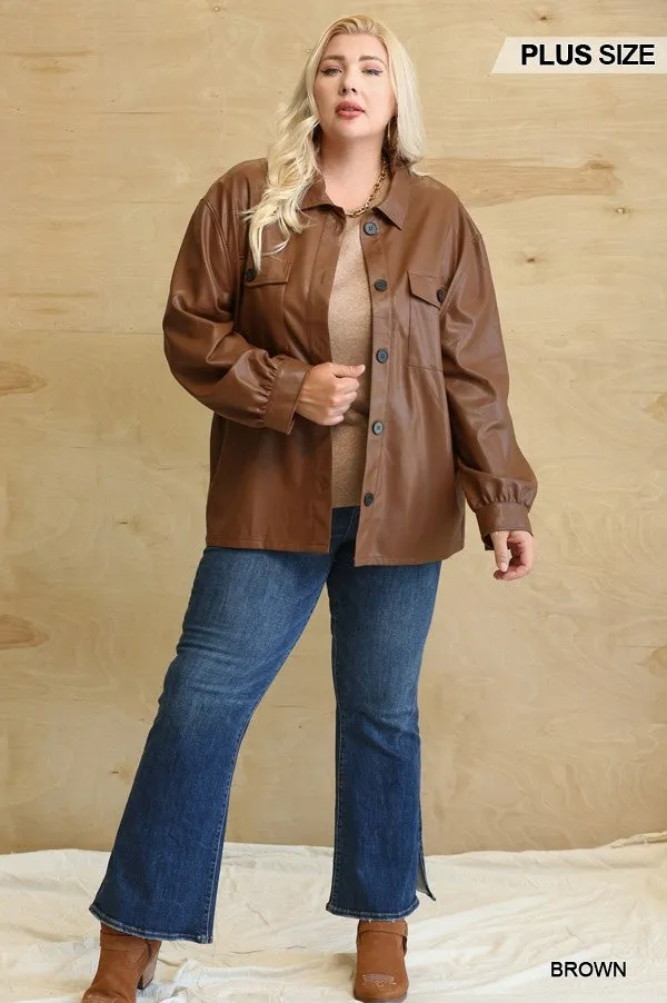 Oh So Stylish Faux Leather Button Down Shacket With Side Pockets Voluptuous ( ) Plus Size - 3 colors - Ships from The US