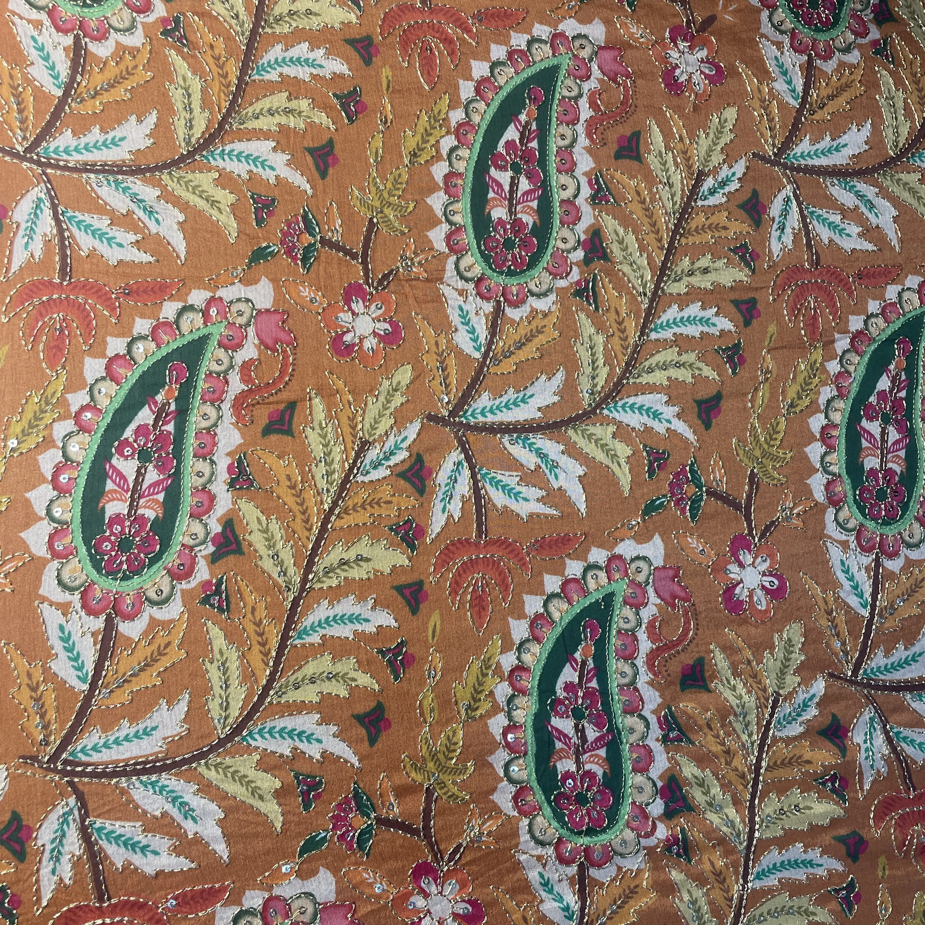 Orange Paisley Embroidery Chiffon Fabric 19761