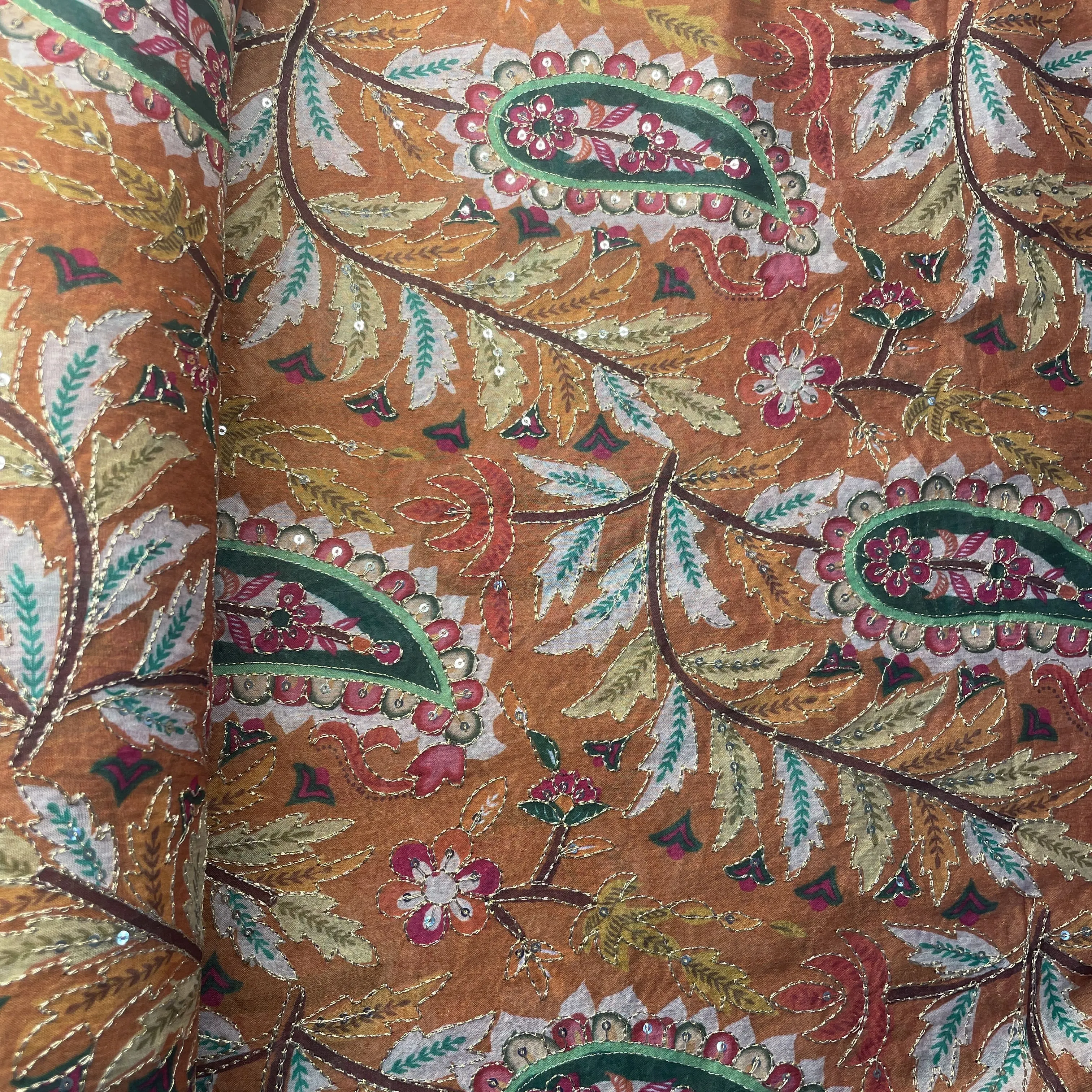 Orange Paisley Embroidery Chiffon Fabric 19761