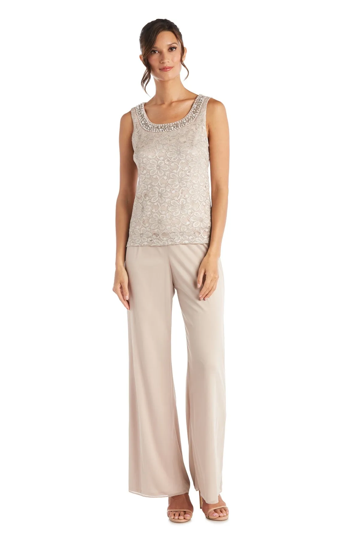 Petite Women Beaded Detailed Tank Top and Pant Set with Matching Sheer Jacket - Petite