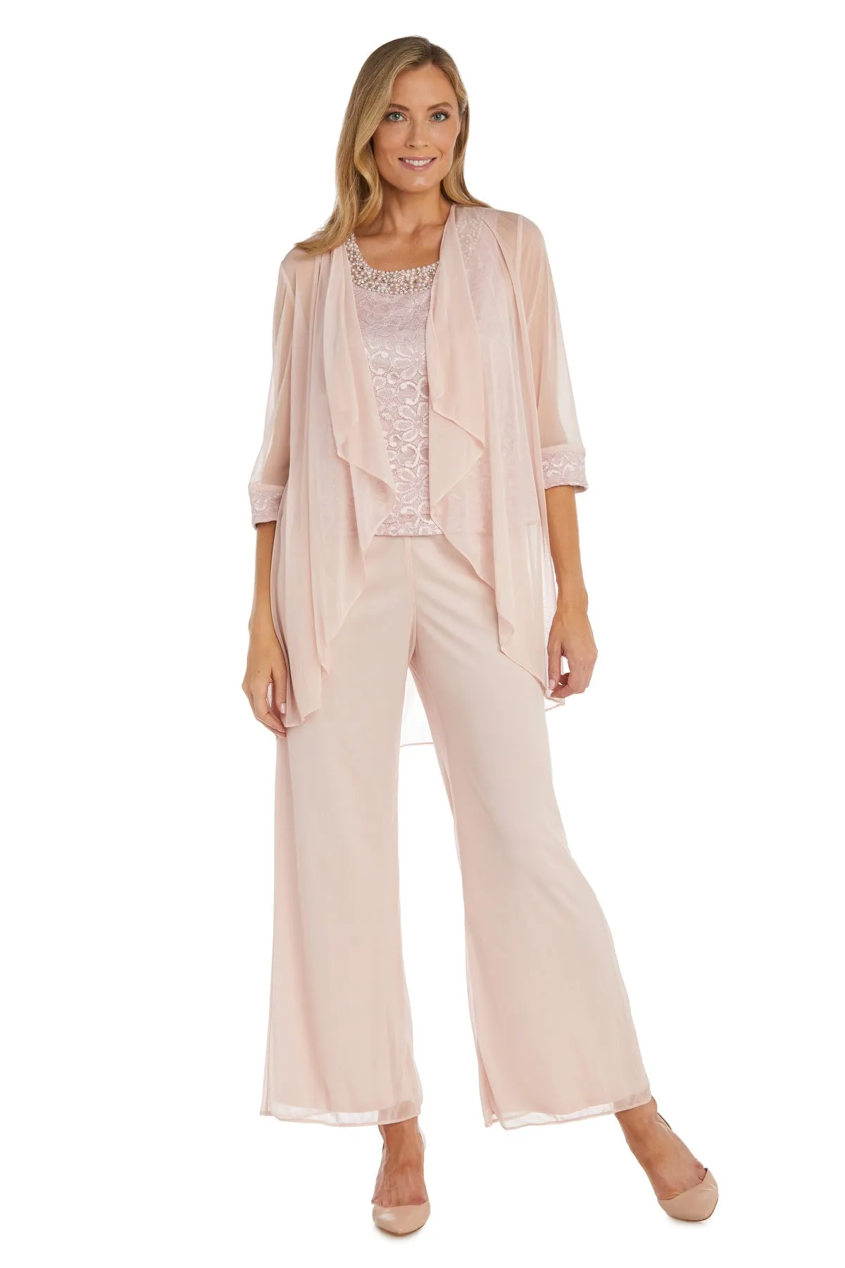 Petite Women Beaded Detailed Tank Top and Pant Set with Matching Sheer Jacket - Petite