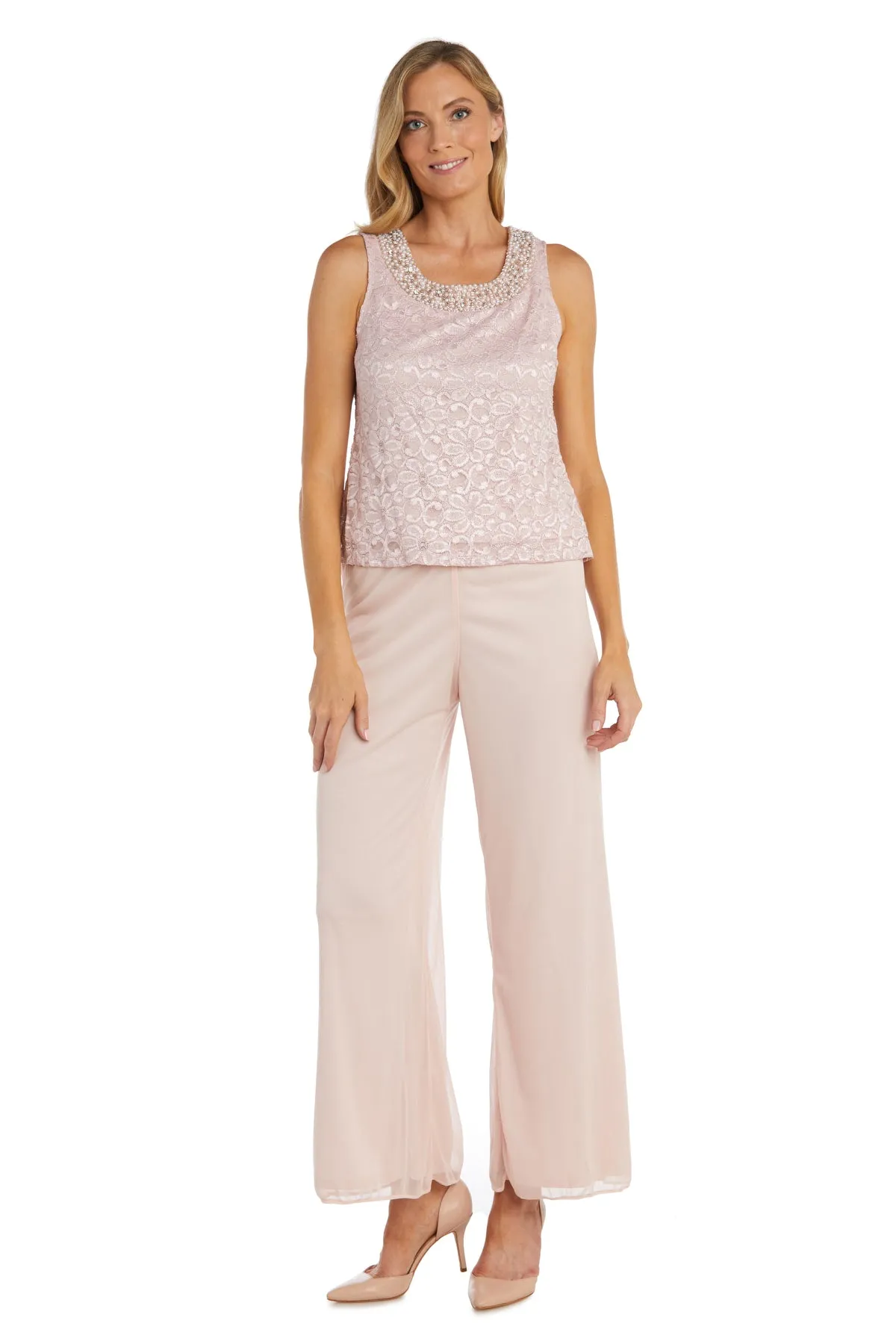 Petite Women Beaded Detailed Tank Top and Pant Set with Matching Sheer Jacket - Petite