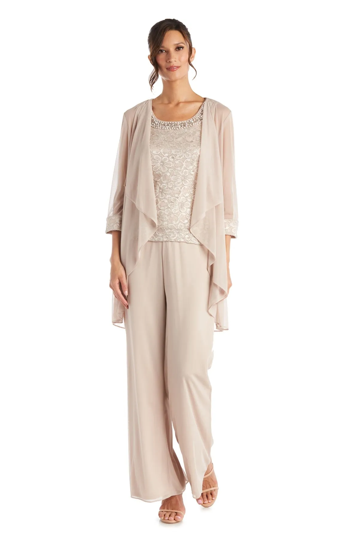 Petite Women Beaded Detailed Tank Top and Pant Set with Matching Sheer Jacket - Petite