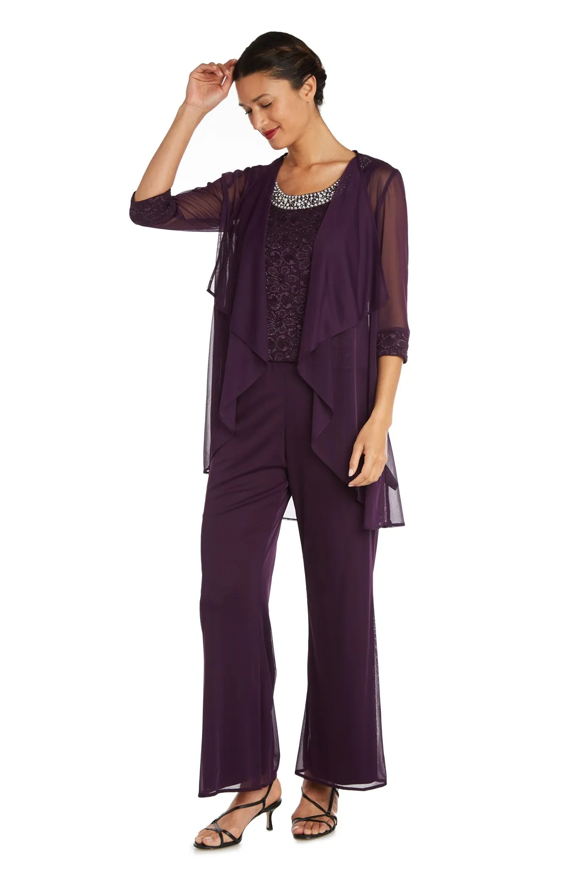 Petite Women Beaded Detailed Tank Top and Pant Set with Matching Sheer Jacket - Petite