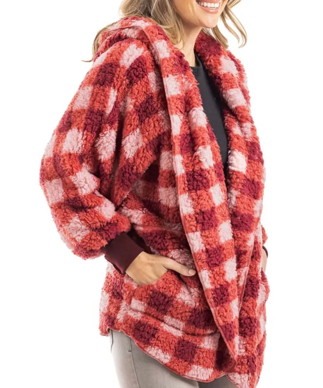 Pink & Red Plaid Hooded Cardigan Body Wrap