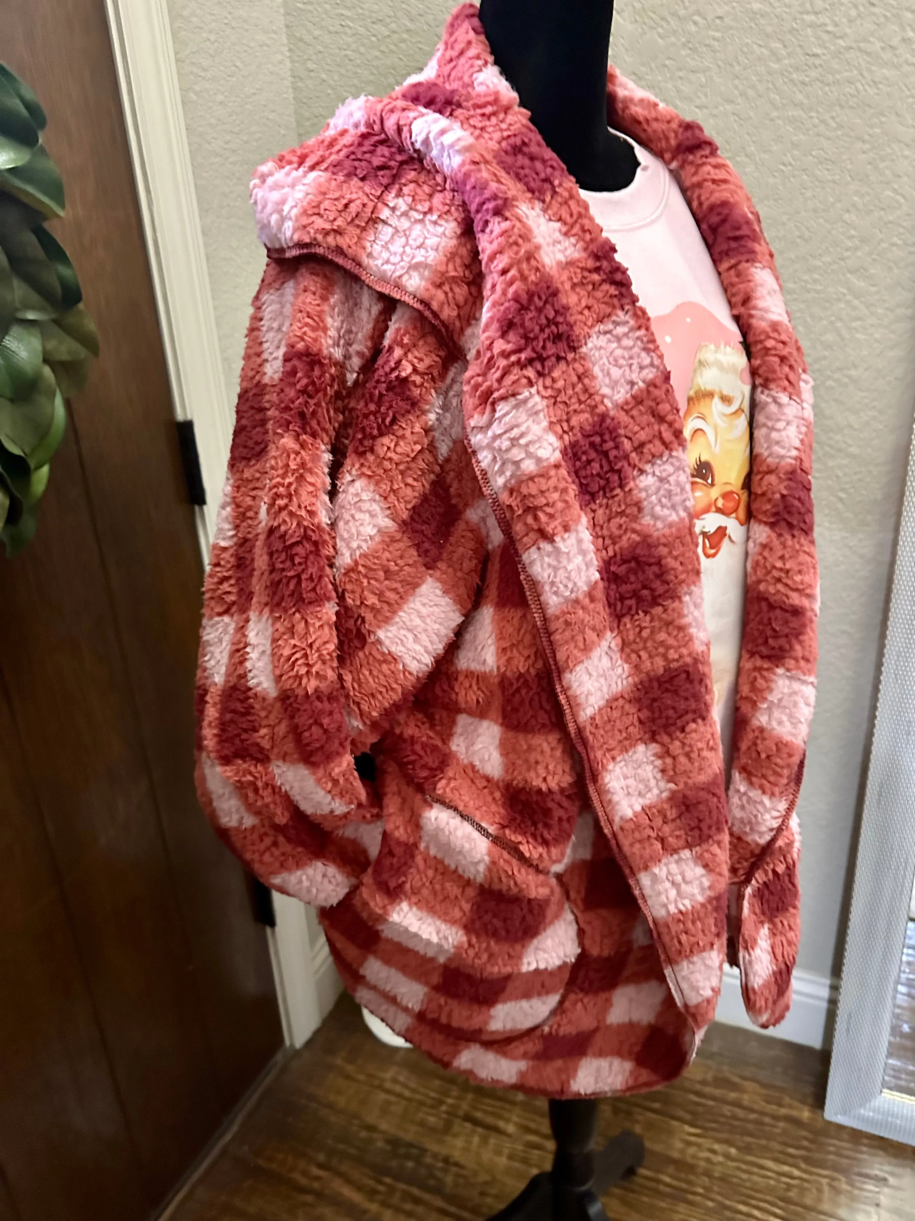 Pink & Red Plaid Hooded Cardigan Body Wrap