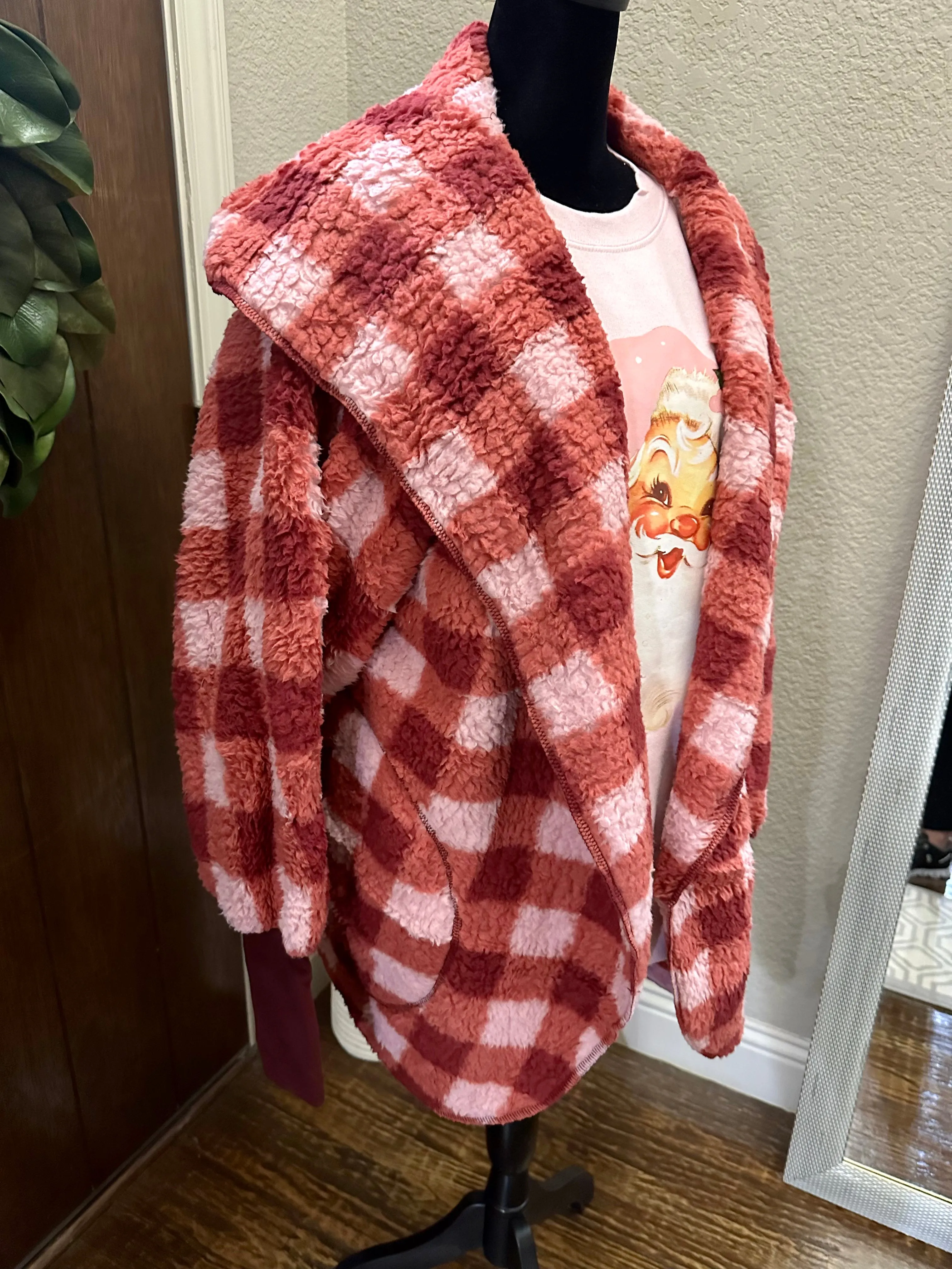 Pink & Red Plaid Hooded Cardigan Body Wrap