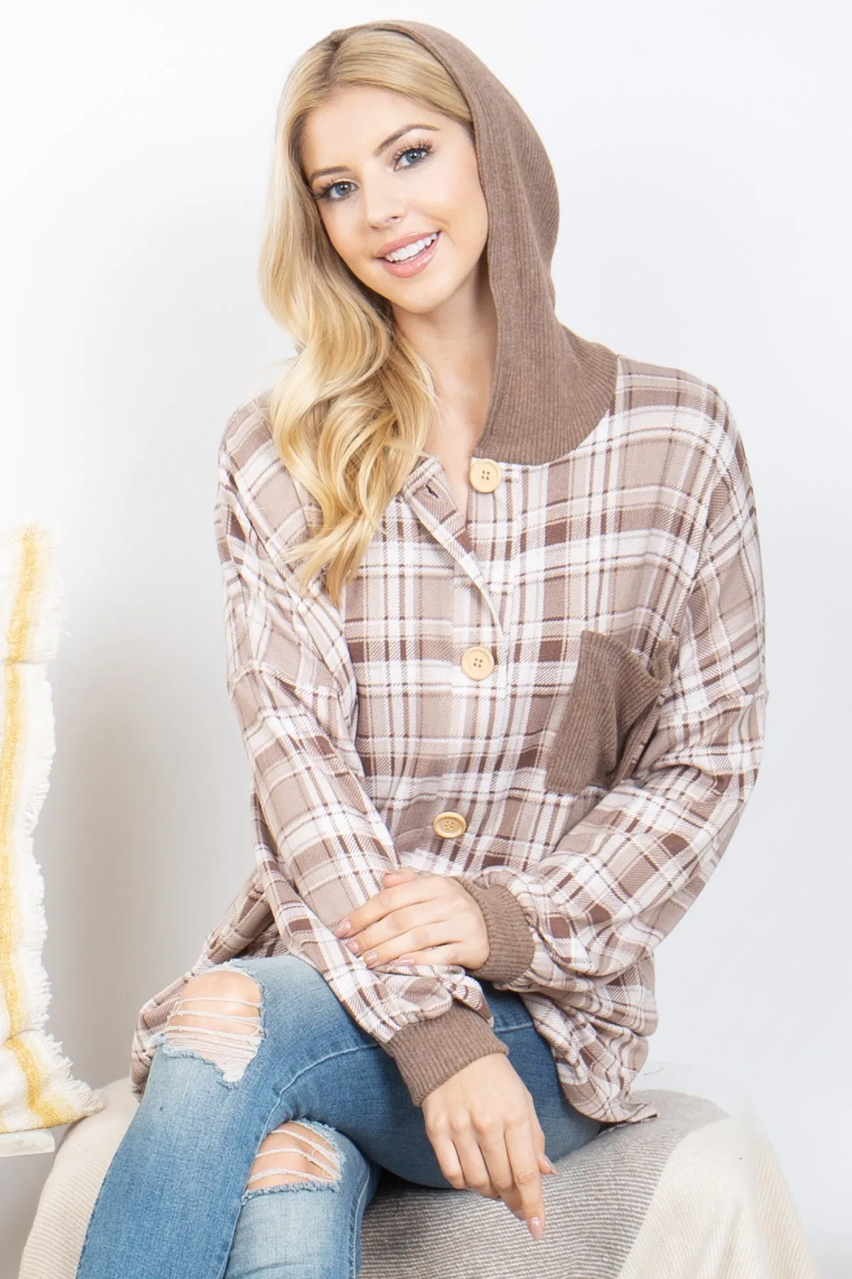 PLAID BUTTON DOWN LONG SLEEVE HOODIE SHACKET