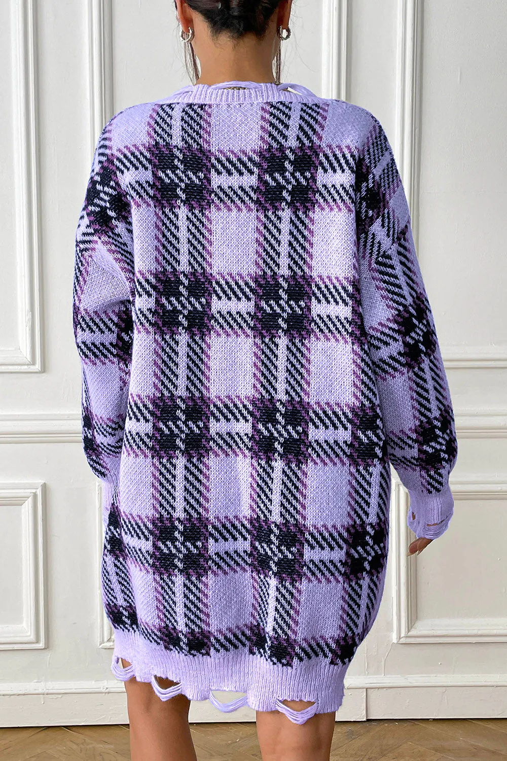 Plaid V-Neck Long Sleeve Sweater Dress