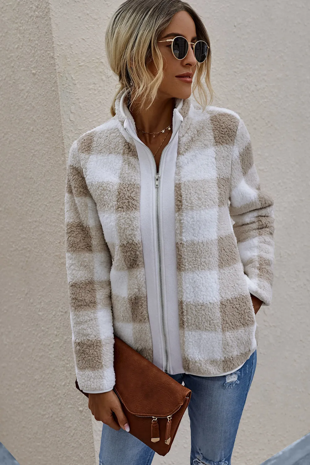 Plaid Zipper Plush Coat